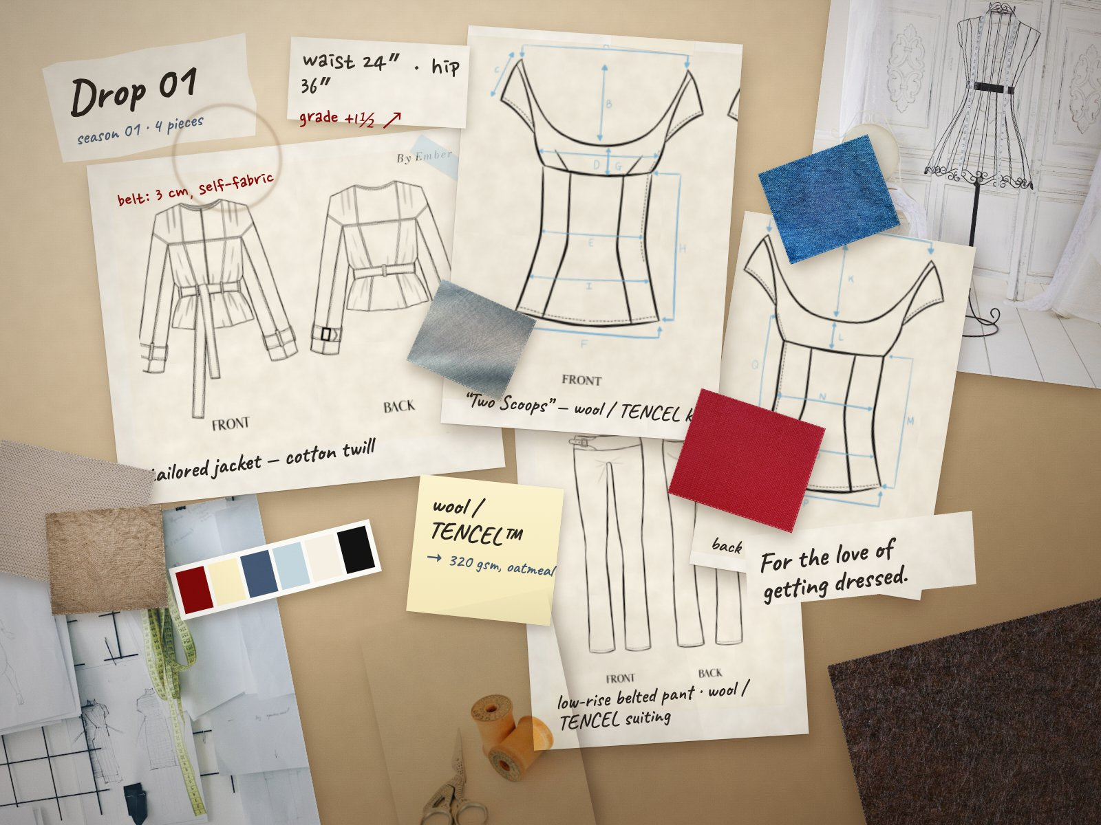 By Ember &mdash; the design process: sketches, fabric and palette